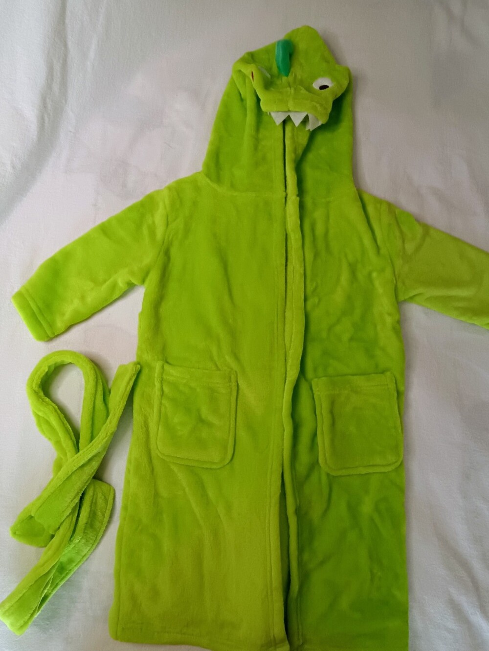 Child Bath Robe Dinausour Hood Tail Green Fluffy Toddler M 3T Pockets Belted NWT